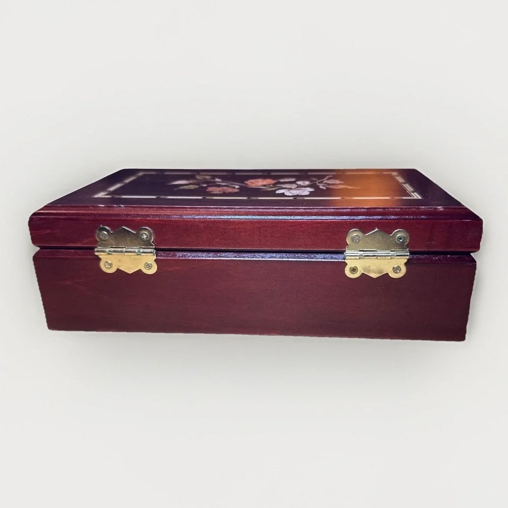 Mahogany Wooden Jewelry Box Floral Marquetry Inlay & Mirror Interior‎ New Roses